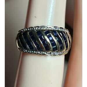Vintage 10k solid yellow gold white gold blue sapphire diamond band dome ring